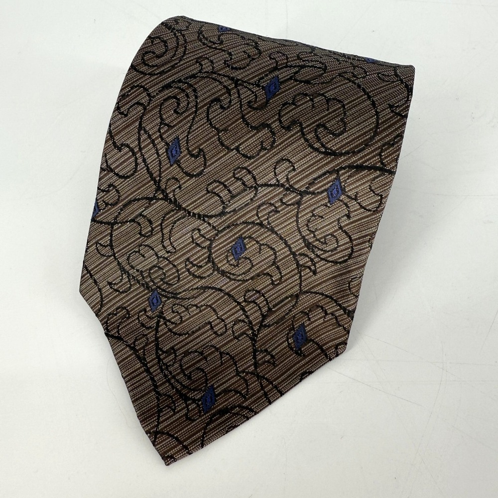 XMI Necktie Mens Brown Blue Scroll Paisley 100% Silk Handmade in‎ USA Italian